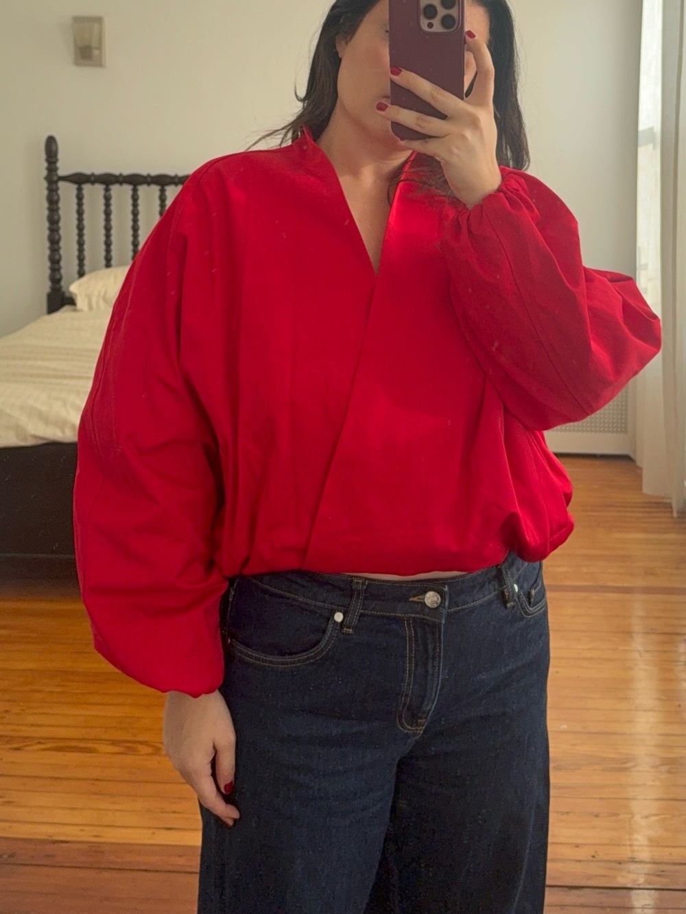 Zara Bright Red V-Neck Balloon Sleeve Blouse